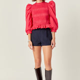 Smocking Detail Puff Sleeve Poplin Blouse