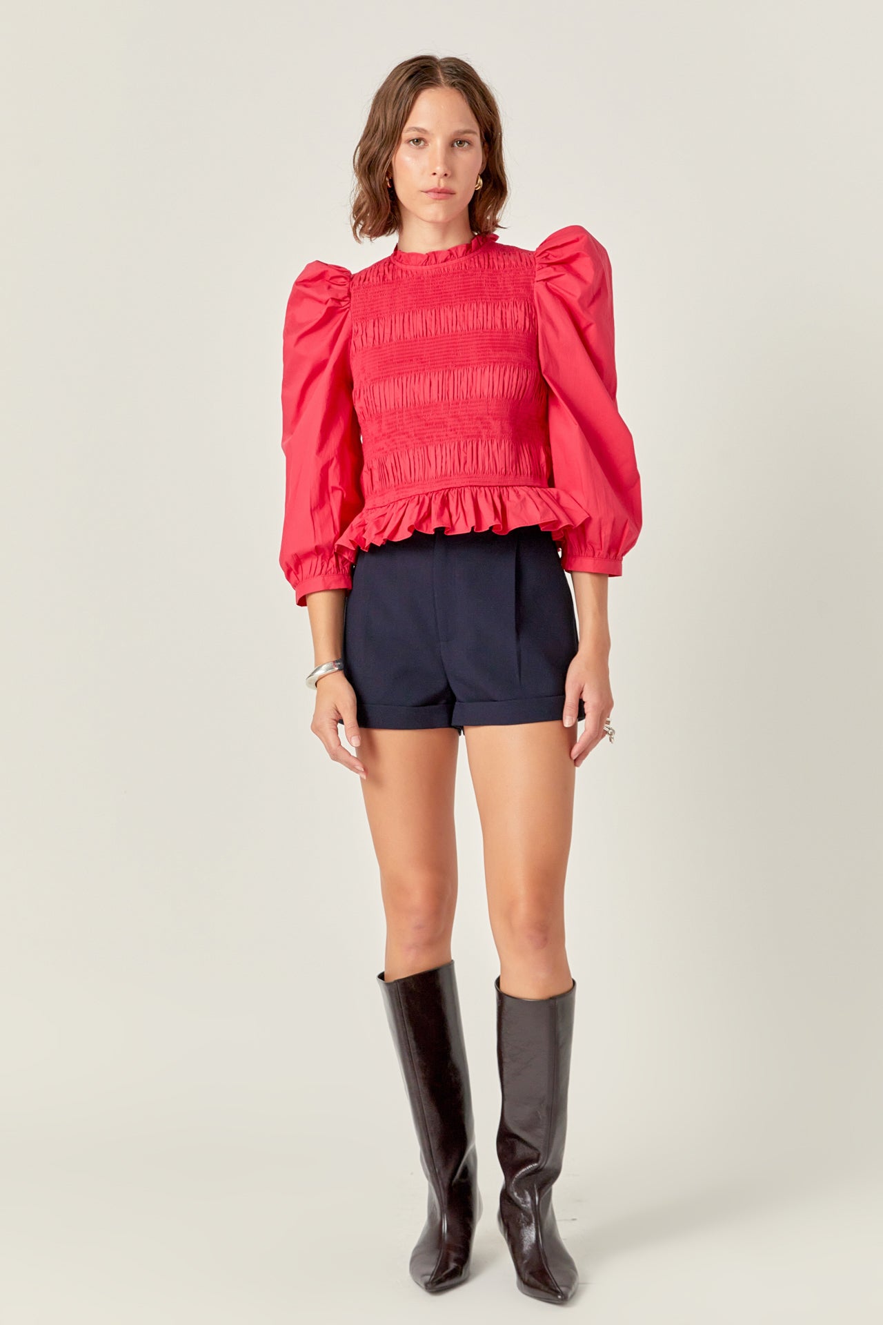 Smocking Detail Puff Sleeve Poplin Blouse