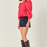 Smocking Detail Puff Sleeve Poplin Blouse