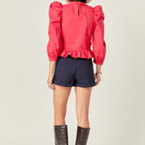 Smocking Detail Puff Sleeve Poplin Blouse