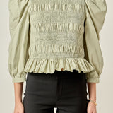 Smocking Detail Puff Sleeve Poplin Blouse