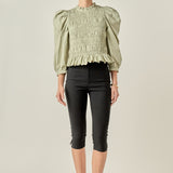 Smocking Detail Puff Sleeve Poplin Blouse