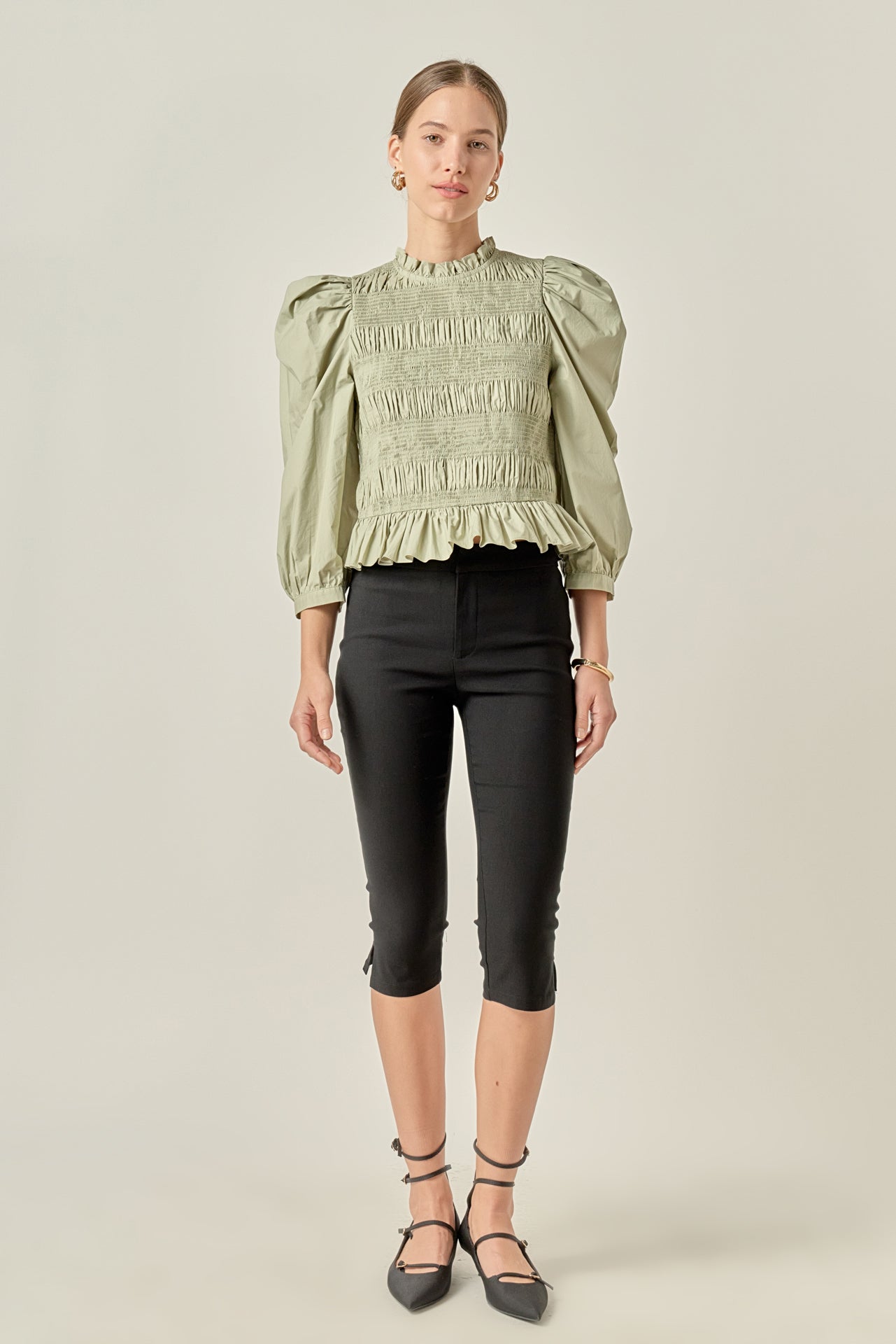 Smocking Detail Puff Sleeve Poplin Blouse
