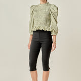 Smocking Detail Puff Sleeve Poplin Blouse