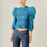 Smocking Detail Puff Sleeve Poplin Blouse