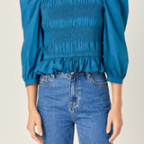 Smocking Detail Puff Sleeve Poplin Blouse