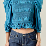 Smocking Detail Puff Sleeve Poplin Blouse