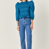 Smocking Detail Puff Sleeve Poplin Blouse