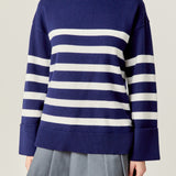 Turtle Neck Stripe Sweater in Navy