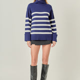 Turtle Neck Stripe Sweater in Navy