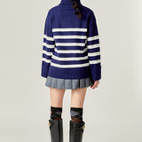 Turtle Neck Stripe Sweater in Navy