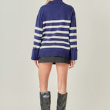 Turtle Neck Stripe Sweater in Navy