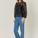 Plaid Organza Long Sleeve Top