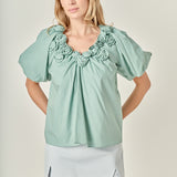 Flower Neckline Puff Sleeve Top