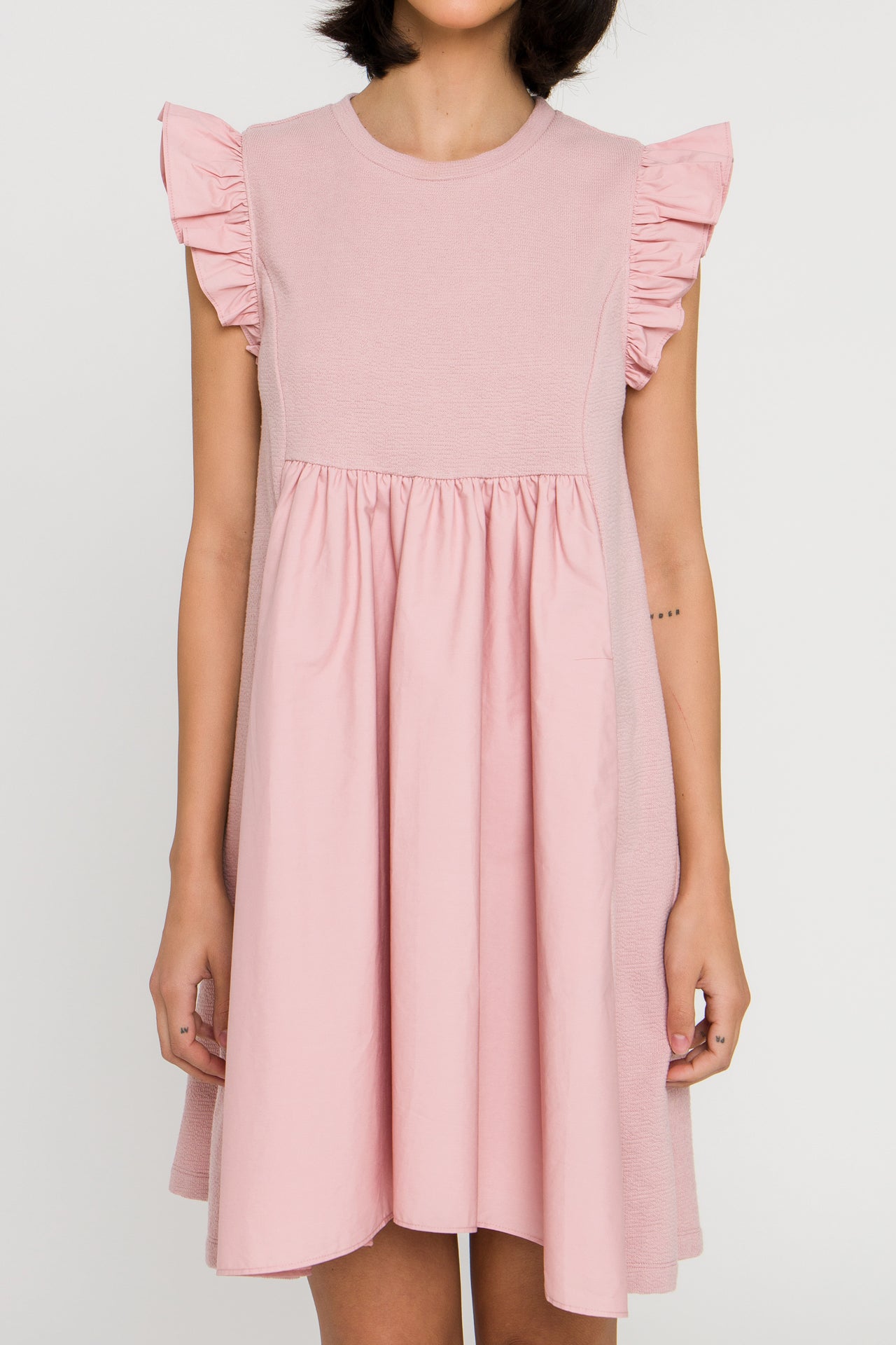 Mixed Media Ruffle Sleeve Mini Dress – English Factory Mixed Media Ruffle Sleeve Mini Dress – English Factory
