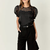 Sheer Plaid Puff Sleeve Top