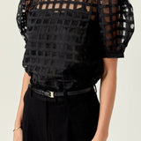Sheer Plaid Puff Sleeve Top