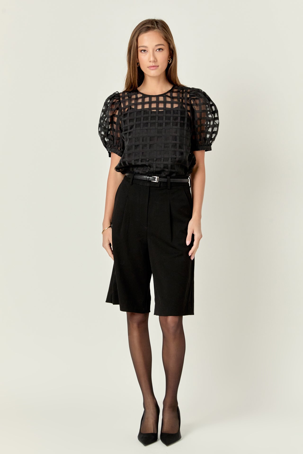 トップス SHEER PLAID VOLUME SLEEVE TOPS SHEER PLAID VOLUME SLEEVE TOPS -BLACK- – OBLIGE