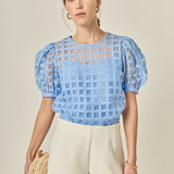 Puff Sleeve Plaid Sheer Top