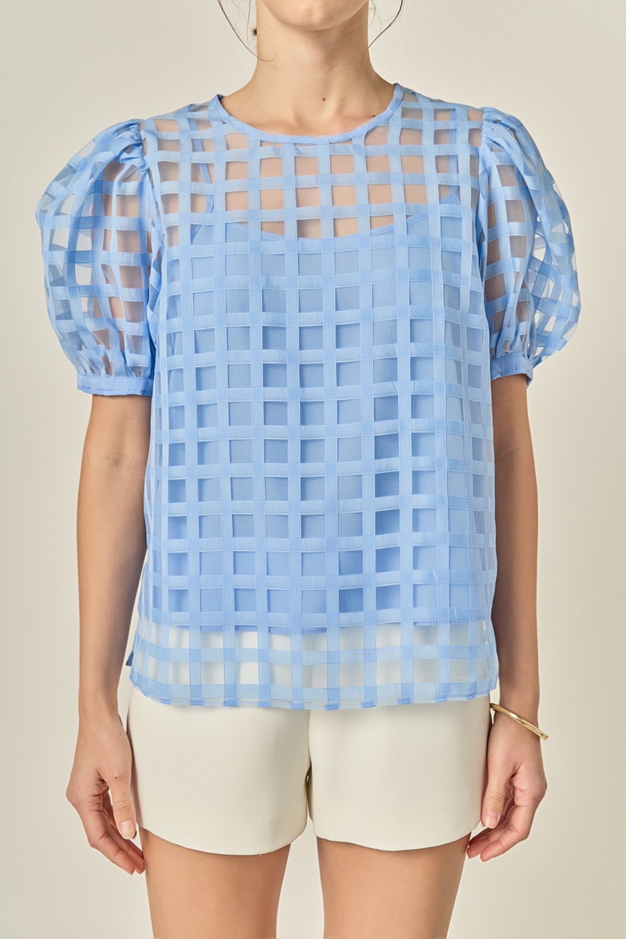 Puff Sleeve Plaid Sheer Top – English Factory