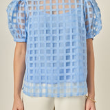 Puff Sleeve Plaid Sheer Top