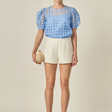Puff Sleeve Plaid Sheer Top