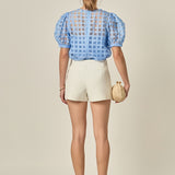 Puff Sleeve Plaid Sheer Top