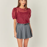 Puff Sleeve Plaid Sheer Top