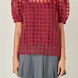 Puff Sleeve Plaid Sheer Top