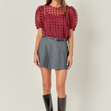 Puff Sleeve Plaid Sheer Top