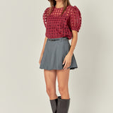 Puff Sleeve Plaid Sheer Top