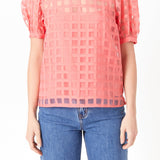 Puff Sleeve Plaid Sheer Top