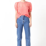 Puff Sleeve Plaid Sheer Top