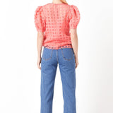 Puff Sleeve Plaid Sheer Top