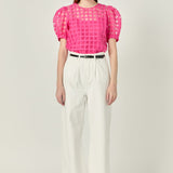 Puff Sleeve Plaid Sheer Top