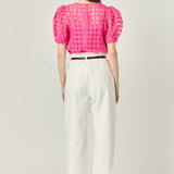 Puff Sleeve Plaid Sheer Top