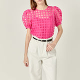 Puff Sleeve Plaid Sheer Top