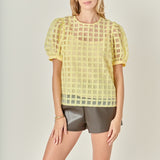 Puff Sleeve Plaid Sheer Top
