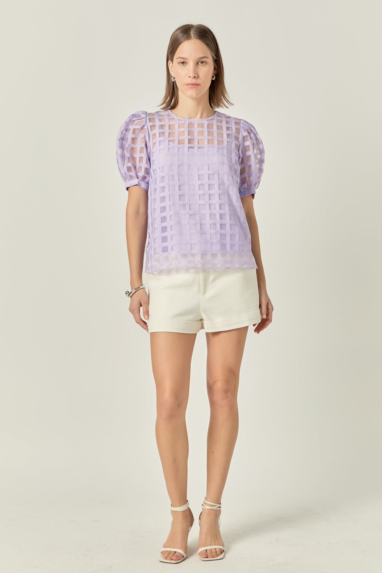 Plaid Sheer Puff Sleeve Top