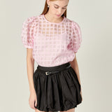 Puff Sleeve Plaid Sheer Top