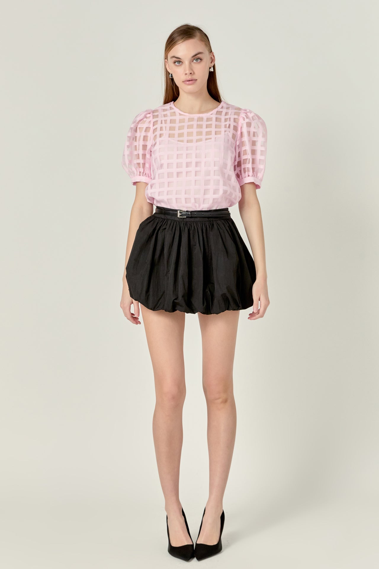 Puff Sleeve Plaid Sheer Top