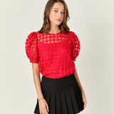 Puff Sleeve Plaid Sheer Top