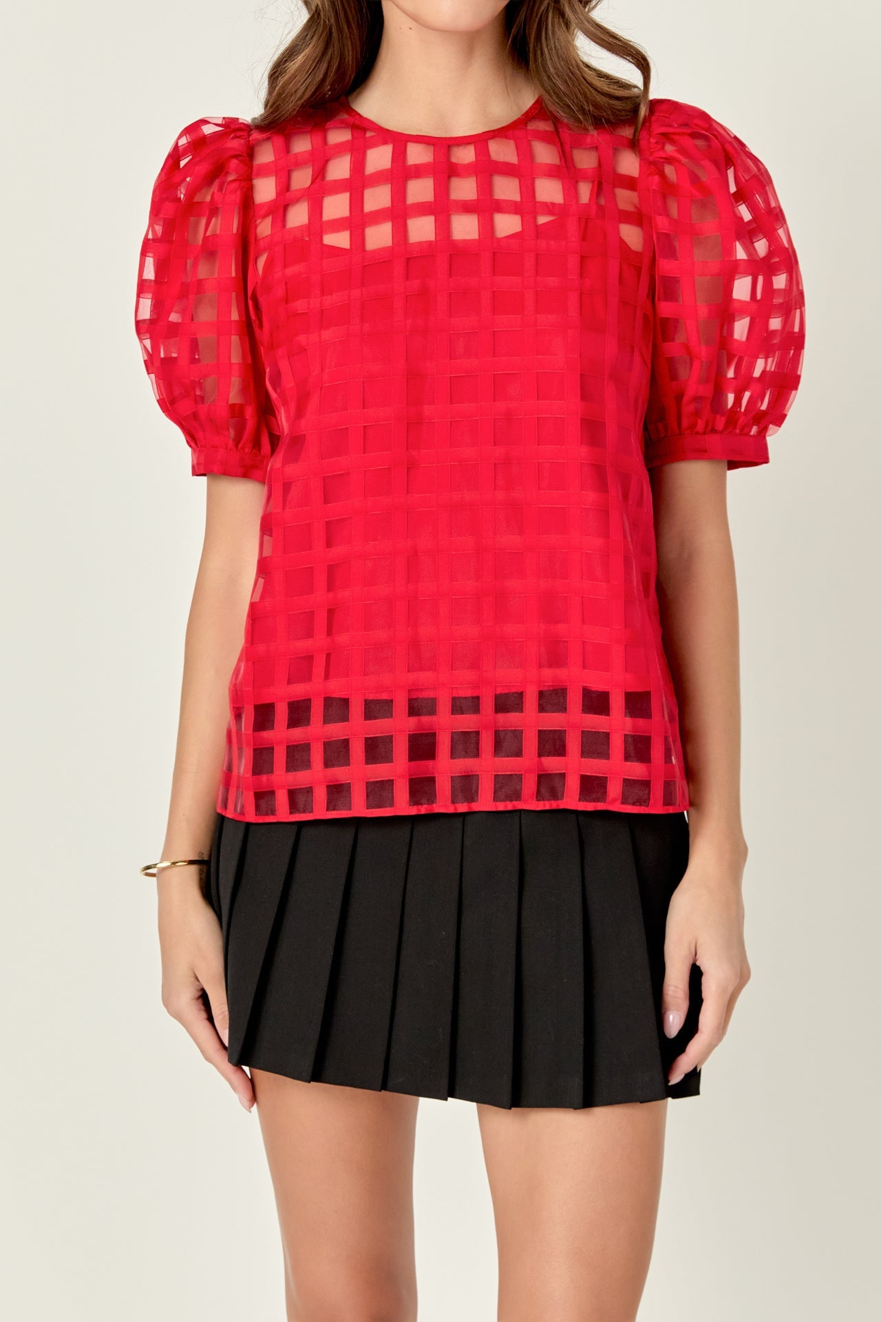 トップス SHEER PLAID VOLUME SLEEVE TOPS Plaid Sheer Puff Sleeve Top | Nuuly