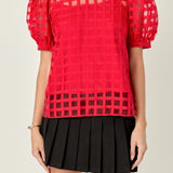 Sheer Plaid Puff Sleeve Top