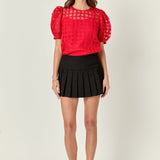 Sheer Plaid Puff Sleeve Top