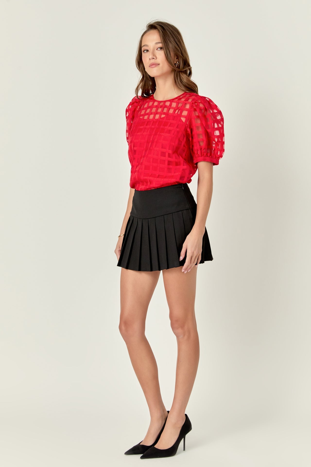Sheer Plaid Puff Sleeve Top – English Factory