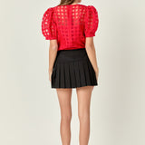 Sheer Plaid Puff Sleeve Top