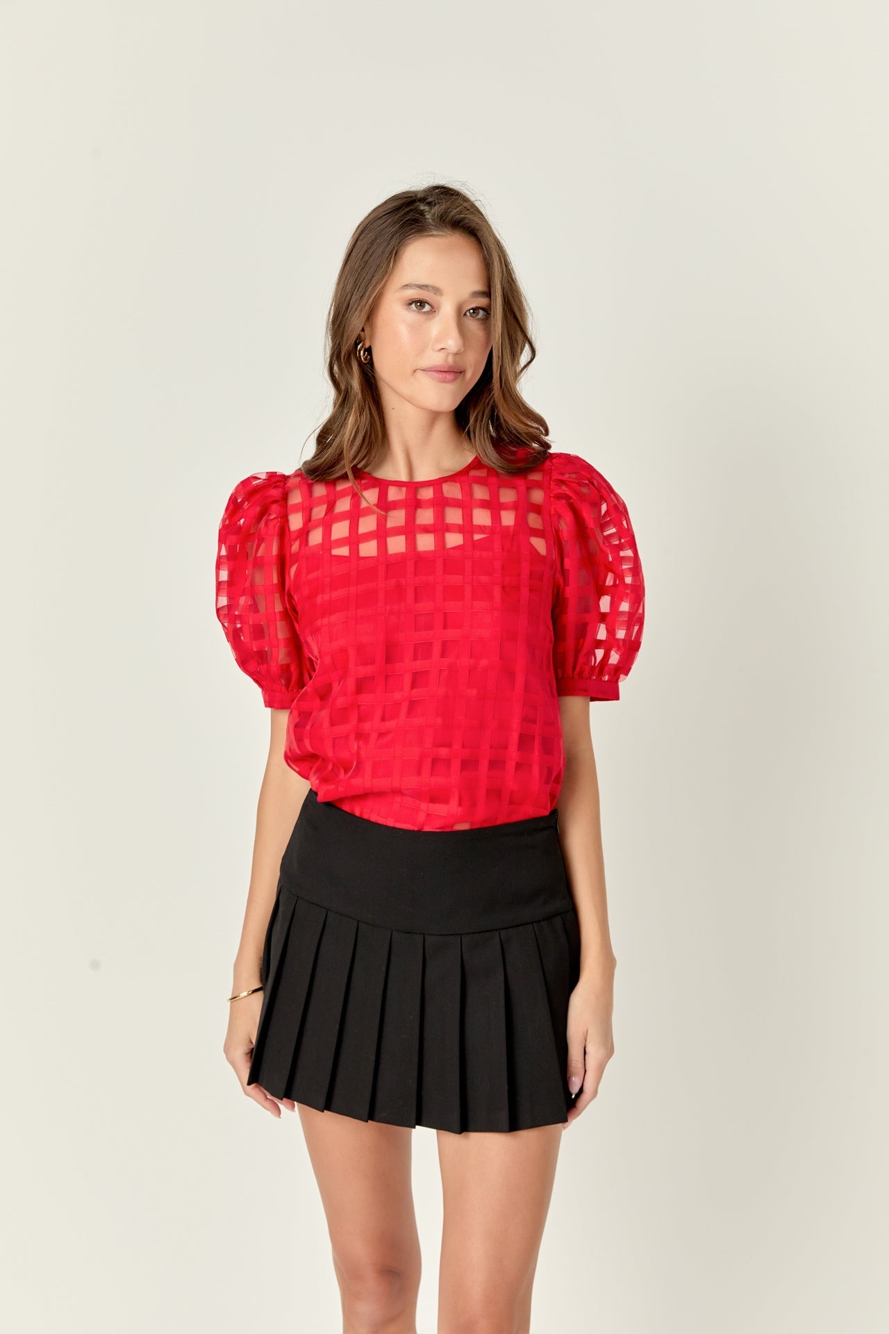 トップス SHEER PLAID VOLUME SLEEVE TOPS SHEER PLAID VOLUME SLEEVE TOPS -BLACK- – OBLIGE