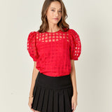 Sheer Plaid Puff Sleeve Top