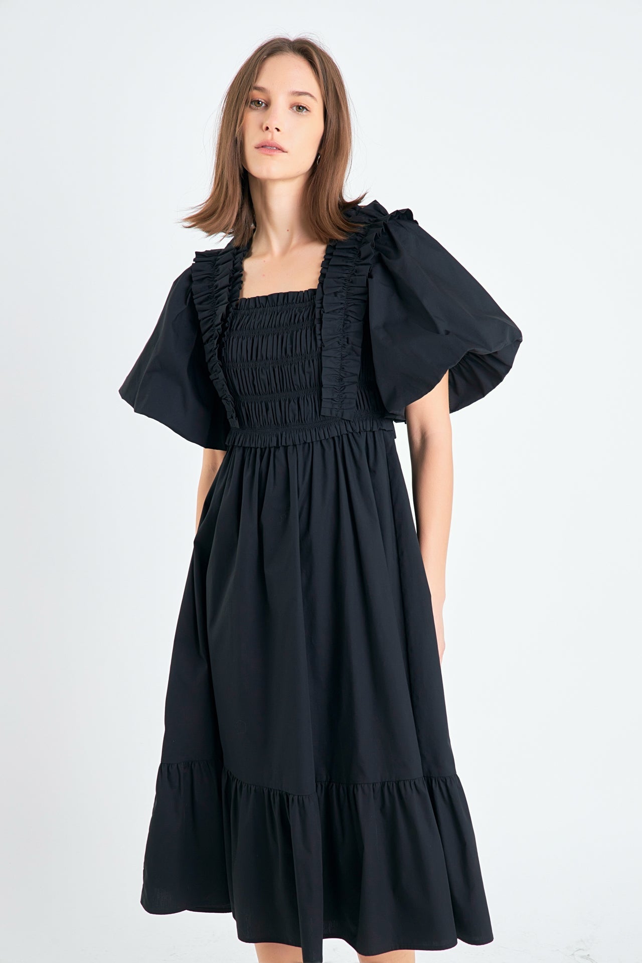Puff Short Sleeve Square Neck Midi Dress – English Factory